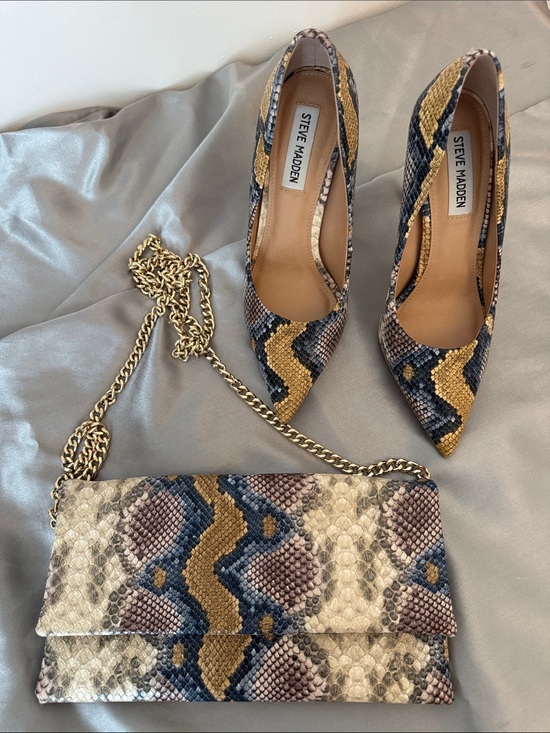 Steve Madden Shoes - Steve Madden Multicolor Snake-Print Shoes & Chain Clutch in Blue, Gold, Cream
